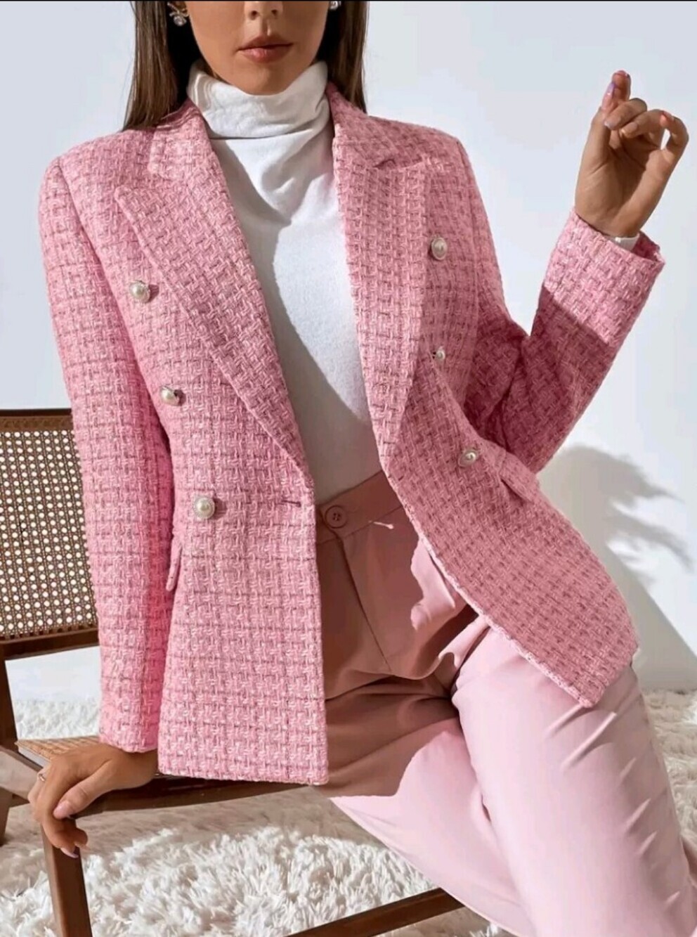 Plaid Print Double Breasted Blazer Workwear  Fall Cloth For Women